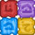 A 4-frame contact sheet of a pixelated animated icon featuring four colored square blocks with swirling patterns, arranged in a 2x2 grid on a gray background.