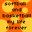 Pixelated text on orange and yellow background with softball, basketball, my life forever in black letters.