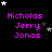 Pixelated text 'Nicholas Jerry Jonas' in bright pink on black background with white and gray stars, arranged in a with one gray square in bottom-right corner