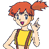 Pixelated 49x49 animated buddy icon showing a cartoon character with red pigtails in two sequential frames, wearing a yellow sleeveless top and brown straps, pointing upward with one hand while the other rests on their hip.