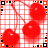 Red cherry shapes on a red-and-white checkered background with black and orange corner squares.