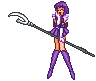 Pixel art character with purple hair and outfit holding a staff, shown in two poses with slight facial expression changes.