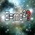 Pixelated image with white text 'E=mc²' and a red question mark on a blurred background of blue, green, and white tones.