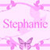 A static pixelated image with a light pink background featuring the name "Stephanie" in large pink letters, surrounded by pink and purple butterfly and floral motifs.
