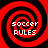 Four identical red and black spiral patterns with 'SOCCER RULES' text in white pixelated font, arranged in a on a solid black background