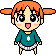 Pixel art character with orange pigtails, teal shirt with white star, and striped shorts in four variations showing different eye expressions.