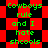 Green pixelated text on red and black checkered background with repeated phrases.