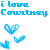Blue pixelated text reads "i love Courtney" above three blue heart shapes on a white background.