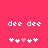 Pixelated text 'dee dee' above two of heart symbols on a solid pink background