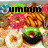 Pixelated image of assorted donuts with text "ummm donuts!!" in bold black letters above them.