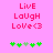 Pink background with red pixelated text 'LiVE', 'LaUgH', 'LoVe<3' and green pixelated plus signs and clovers below.