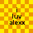 Yellow and orange checkered background with four identical text-based icons arranged in a , each displaying 'i luv alexx' in black pixelated font