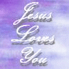 Animated sequence showing 'Jesus Loves You' text over a cloudy sky transitioning to a yellow background with a bearded man's face.