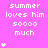 A static image with a bright pink background displays repeated text "summer loves him soooo much" in white pixelated font, accompanied by small white star symbols.