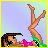 Pixelated image of a woman in a bikini lying on her back with legs raised, accompanied by green text reading "Massage my feet!" on a light blue background.