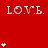 Red background with repeated white 'LOVE.' text and star clusters in pixelated style.