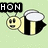 Pixelated bee with yellow and black stripes, white wings, two antennae, smiling face; left side shows 'HON' text box, right side shows 'RON!!!!!' text box.