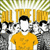 A pixelated group of people in yellow shirts with a green and white striped background, featuring repeated text above them.