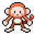Pixel art monkey mascot with orange fur and white belly holding a brown stick, displayed in a contact sheet of text variations on a gray background.