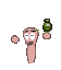 Pixelated character with pink skin, white eyes, and black eyebrows holds a green jar while small pink orbs float nearby against gray background.