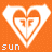 Orange background with white pixelated heart symbols and text reading 'sun', 'surf', 'sand', and 'roxy is life' in various positions.