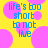 Yellow background with pink circles and blue pixelated text reading 'life's too short to not live' in a
