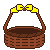 Pixel art animation of a cat in a wicker basket with yellow bow, showing six sequential frames of the cat's appearance and position.