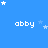 Blue background with white text 'abby' repeated in a pattern, surrounded by white and light blue stars of varying sizes
