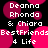 Pixelated text and pink circular shapes on a black background, with repeated phrases and names in white block letters.