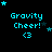 Pixelated cyan text 'Gravity Cheer!' with heart symbol '<3' on black background, surrounded by small stars in various positions across frames.