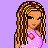 Pixel art contact sheet showing a cartoon woman in pink dress with long braided hair and text phrases on purple/pink background.