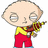 Pixelated cartoon character with large eyes and bald head, wearing yellow shirt and red pants, holding striped object.