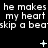 Black background with repeated white text 'he makes my heart skip a beaskip' and small animated symbols including plus signs, stars, and dots.