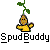 Pixelated character with yellow shirt and green plant sprouting from head, standing against gray background beneath "SpudBuddy" text.