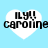 Four identical heart-shaped icons with black text on a light blue background, each displaying 'ILY!! caroline' in pixelated font.