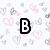 A static image displays five black-and-white text blocks spelling 'B', 'BR', 'BRI', 'BRIT', and 'BRITT' against a white background with pink and gray heart patterns.