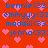 Red background with blue text listing names and ages, pink heart shapes scattered throughout the image.