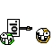 Pixel art icons on gray background: green-and-white soccer balls, yellow-outlined white faces with black eyes and mouth, and signs reading 'lol.' in various orientations.