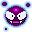 Pixelated purple creature with white eyes and pink mouth in multiple expressions across a