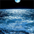 Pixelated image of a moon above a body of water with blue and white tones.
