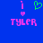 Blue background with two identical pink 'TYLER' text icons, each featuring a pink exclamation mark, pink heart, and green heart symbol above the text.