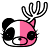 Pixelated cartoon character with split black-and-pink face, large eyes, and cactus-like antennae on a white background.