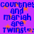 Blue text on purple background with orange stars repeats 'courtney and mariah are TWINS! :)' in a pattern