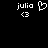 Pixelated white text and symbols on black background, showing two side-by-side configurations of 'julia' with heart and '<3' elements.