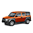 Pixelated side view of a car with orange and dark blue body, visible wheels, windows, headlights, and roof rack.