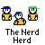 Pixel art animation of 'The Nerd Herd' characters with changing poses and green chalkboard props displaying 'N', 'NF', 'TNH', or 'NH' text.
