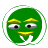Green circular icon with yellow eyebrows, white eyes with black pupils, and a yellow mouth, surrounded by a light green pixelated ring on gray background.