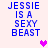 Blue pixelated text "JESSIE IS A SEXY BEAST" arranged in four vertical on a light pink background with a single pink heart symbol