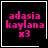 Four identical black square with white borders display pink pixelated text 'adasia kaylana x3' and one includes a white heart symbol