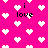 Pixelated pink background with white heart shapes and black text reading "i love" scattered across the image.
